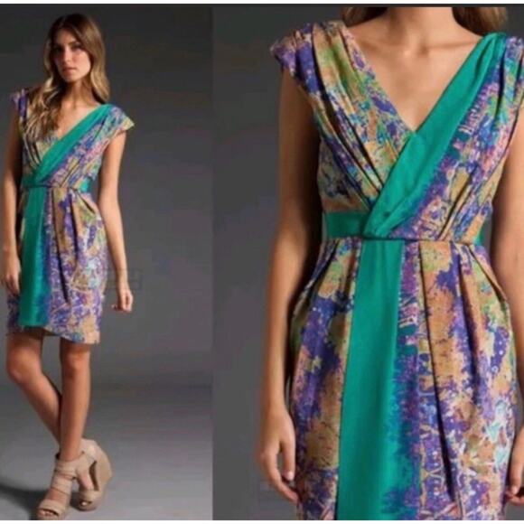 Tibi New York Size 8 100% Silk Dress V-Neck Faux Wrap Teal Watercolor Dress - Picture 1 of 10